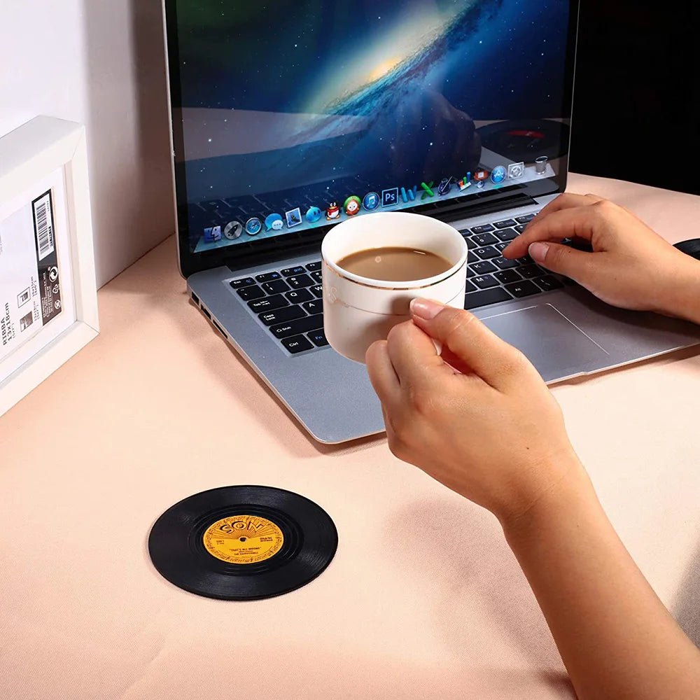 Retro Vinyl Record Coaster Set with Stylish Holder - 6 Pieces: Heat-Resistant Drink Mats, Silicone Backing, and Decorative Tray for Glassware and Utensils