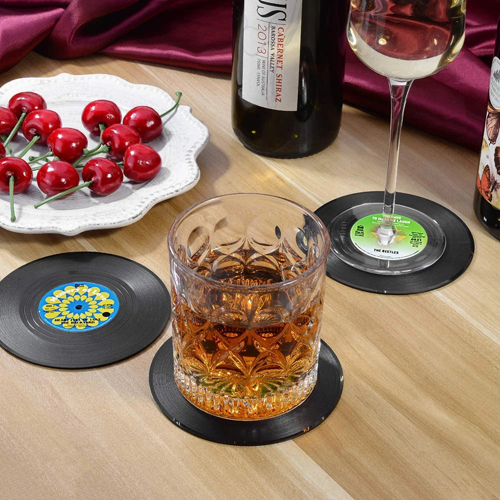 Retro Vinyl Record Coaster Set with Stylish Holder - 6 Pieces: Heat-Resistant Drink Mats, Silicone Backing, and Decorative Tray for Glassware and Utensils