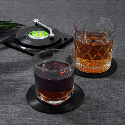 Retro Vinyl Record Coaster Set with Stylish Holder - 6 Pieces: Heat-Resistant Drink Mats, Silicone Backing, and Decorative Tray for Glassware and Utensils