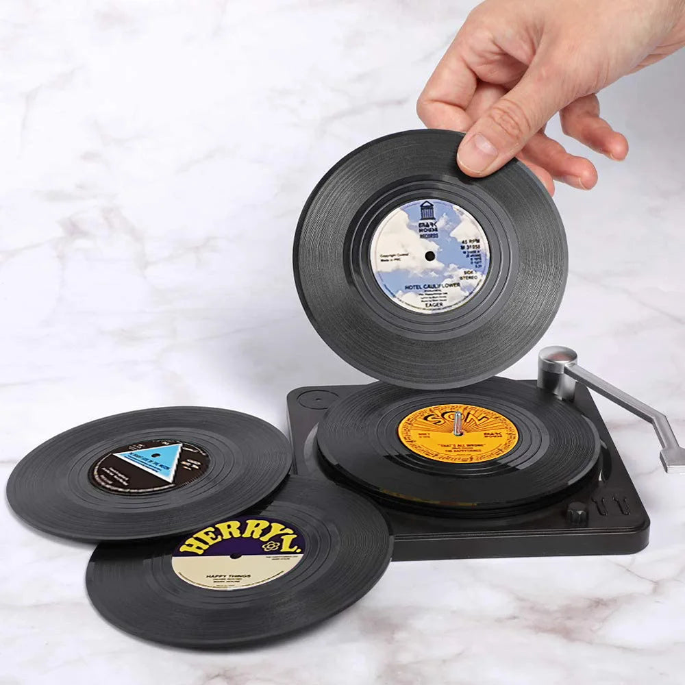 Retro Vinyl Record Coaster Set with Stylish Holder - 6 Pieces: Heat-Resistant Drink Mats, Silicone Backing, and Decorative Tray for Glassware and Utensils