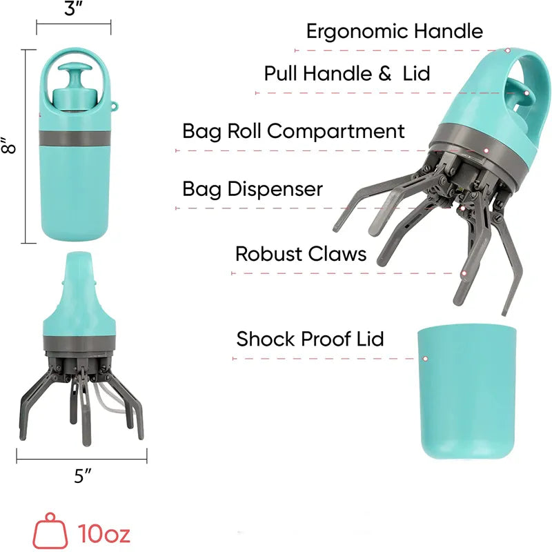 Grab & Go Pet Waste Solution: Lightweight Poop Scooper with Built-In Bag Dispenser and Claw Picker – Ideal Dog Clean-Up Tool!"