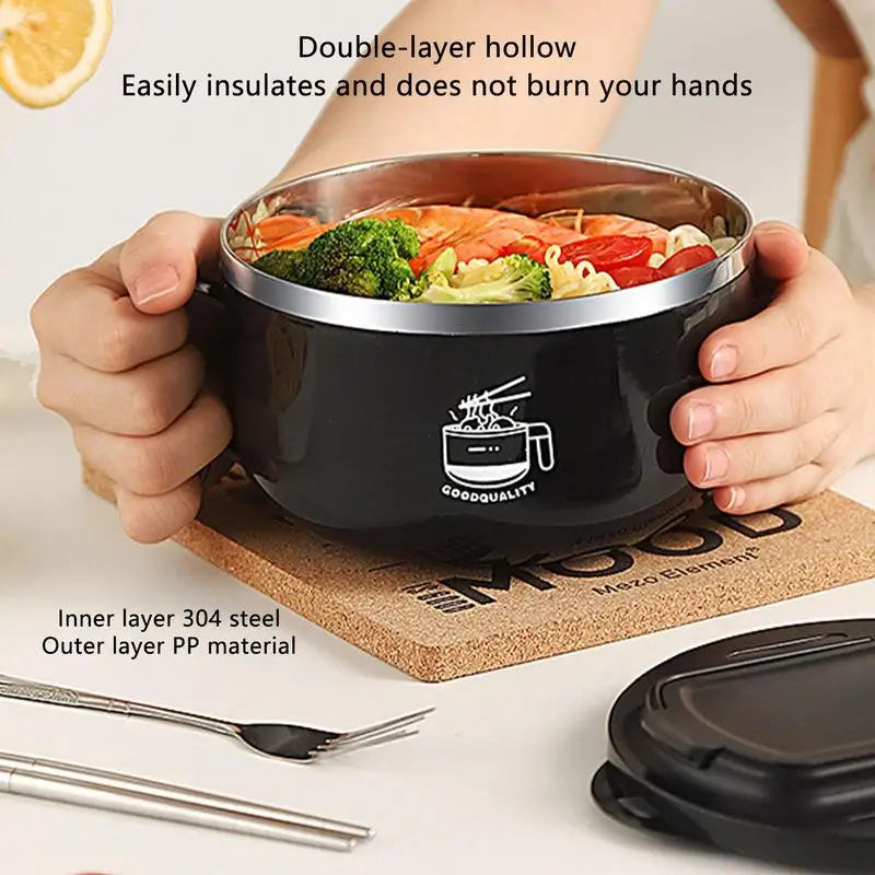 Large 1000ml Stainless Steel Ramen Bowl Set with Lid - Perfect for Instant Noodles, Soup, Salad, and More