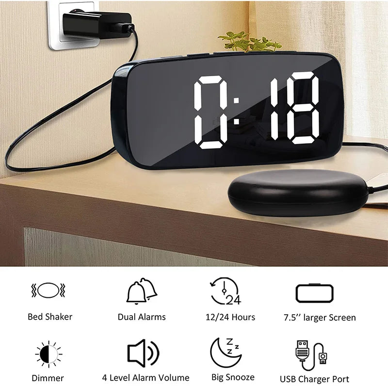 Powerful Vibrating Alarm Clock with Bed Shaker: Dual USB, Ideal for Heavy Sleepers, Deaf or Hard of Hearing Individuals, with Snooze Functionality