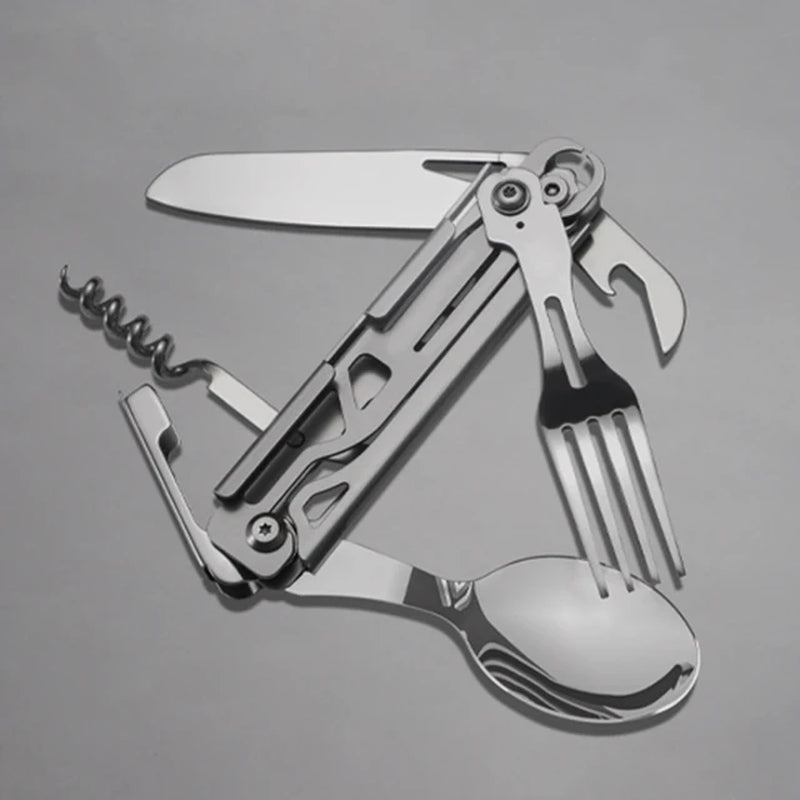 Versatile 420 Stainless Steel Folding Multi-Tool: Pocket Knife with Detachable Fork, Spoon, and More for Outdoor Survival and Camping"