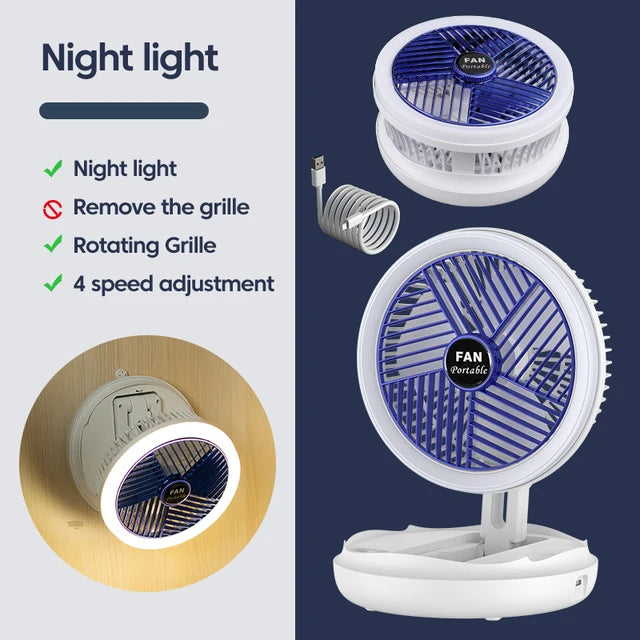 Versatile USB Rechargeable Folding Table Fan with LED Light: Perfect for Dorms, Camping, Home, Office, and More!